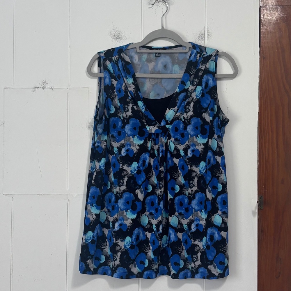 Notations Womens Blue Abstract Floral V-Neck Sleeveless Top Size L